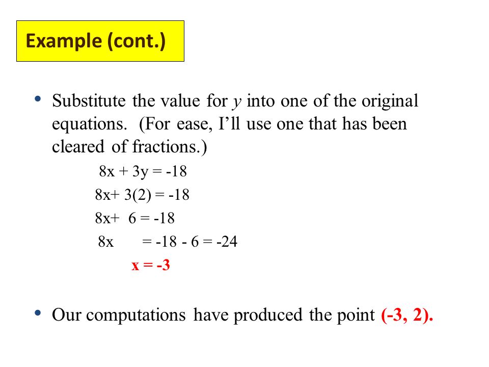 Substitute the value for y into one of the original equations.