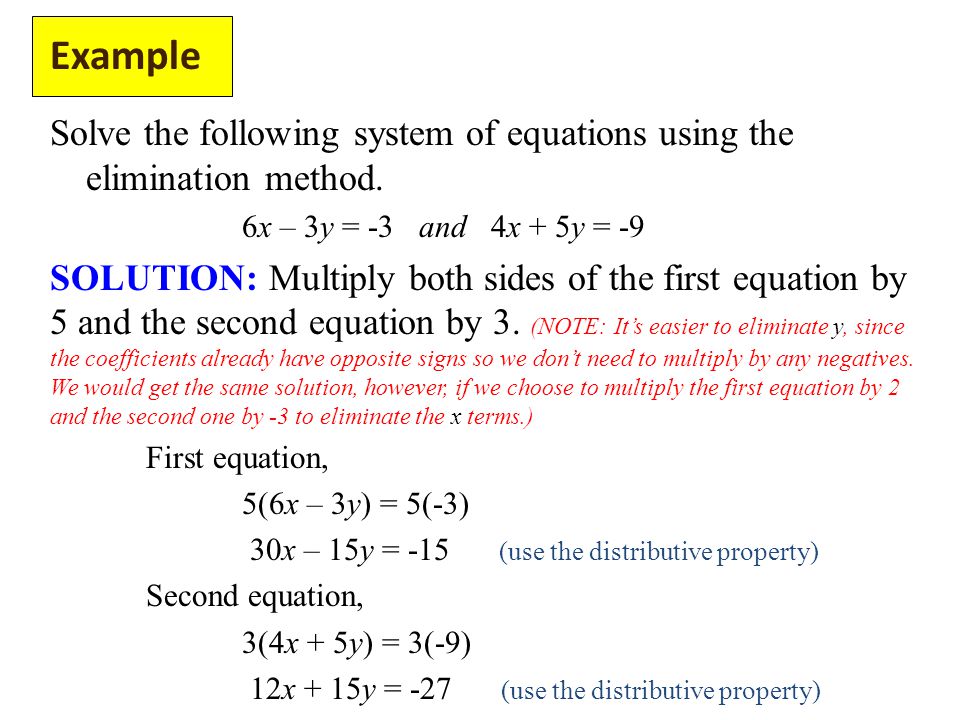 Solve the following system of equations using the elimination method.