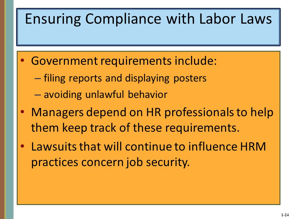 1-24 Ensuring Compliance with Labor Laws Government requirements include: – filing reports and displaying posters – avoiding unlawful behavior Managers depend on HR professionals to help them keep track of these requirements.
