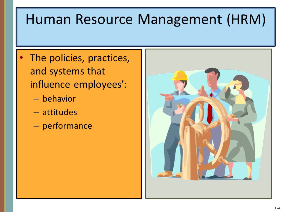 1-4 Human Resource Management (HRM) The policies, practices, and systems that influence employees’: – behavior – attitudes – performance