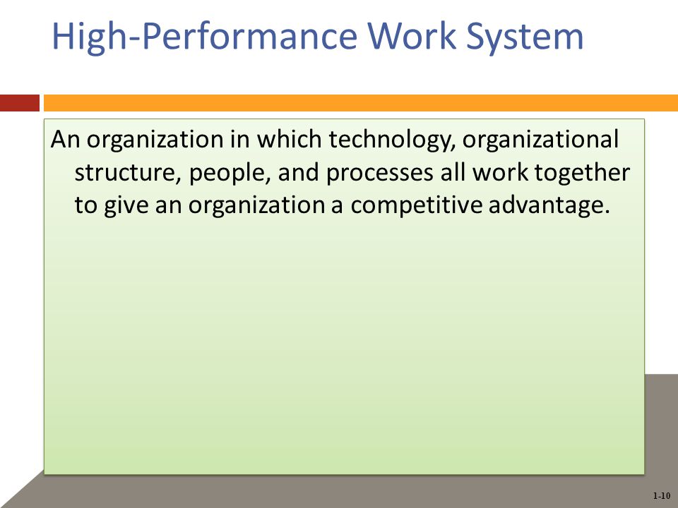 1-10 High-Performance Work System An organization in which technology, organizational structure, people, and processes all work together to give an organization a competitive advantage.