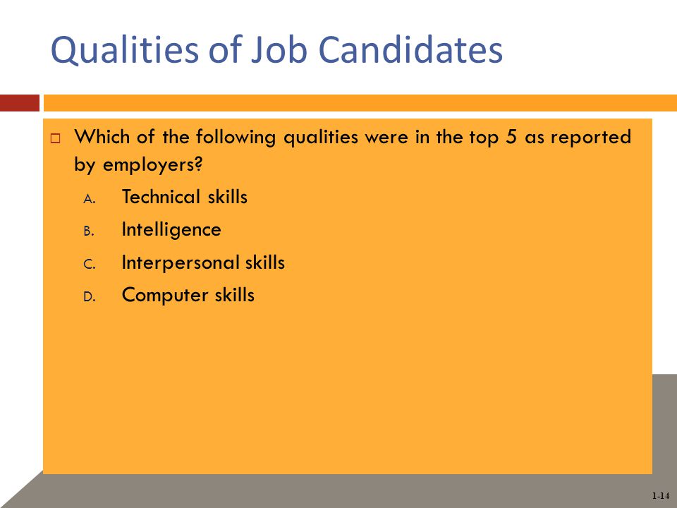 1-14 Qualities of Job Candidates  Which of the following qualities were in the top 5 as reported by employers.