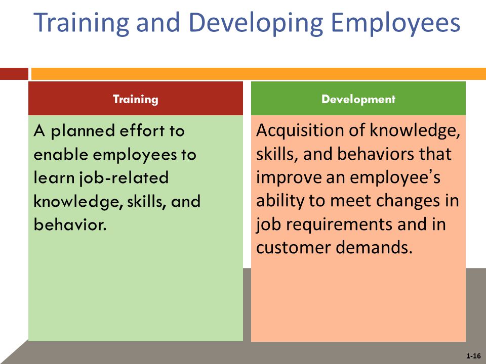 1-16 Training and Developing Employees A planned effort to enable employees to learn job-related knowledge, skills, and behavior.