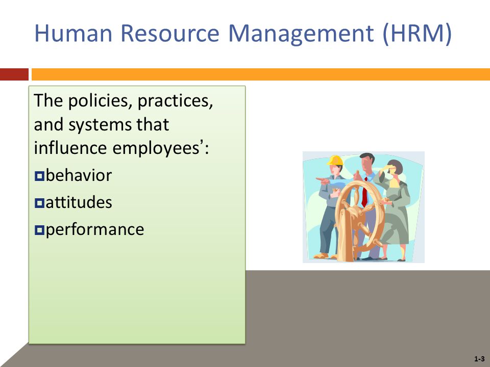 1-3 Human Resource Management (HRM) The policies, practices, and systems that influence employees’:  behavior  attitudes  performance The policies, practices, and systems that influence employees’:  behavior  attitudes  performance