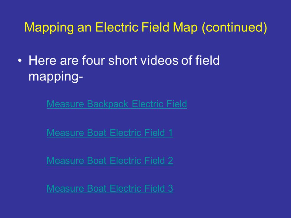 Mapping an Electric Field Map (continued) Here are four short videos of field mapping- Measure Backpack Electric Field Measure Boat Electric Field 1 Measure Boat Electric Field 2 Measure Boat Electric Field 3