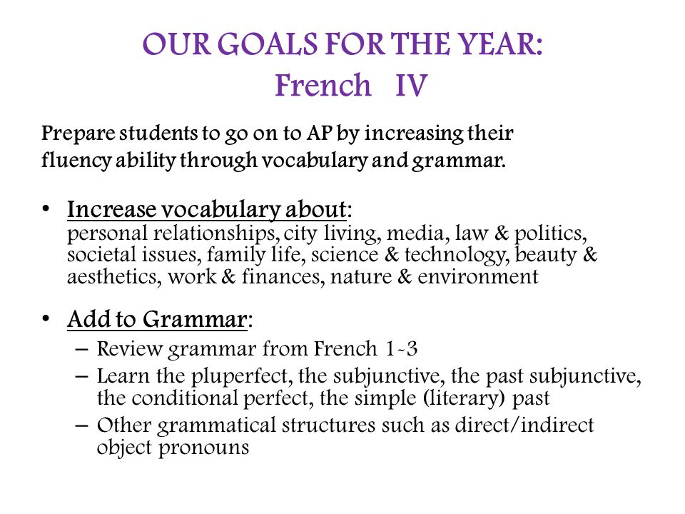 Prepare students to go on to AP by increasing their fluency ability through vocabulary and grammar.