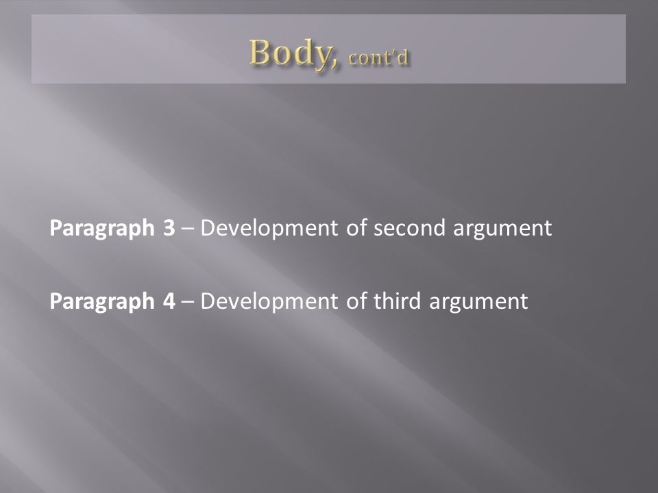 Paragraph 3 – Development of second argument Paragraph 4 – Development of third argument
