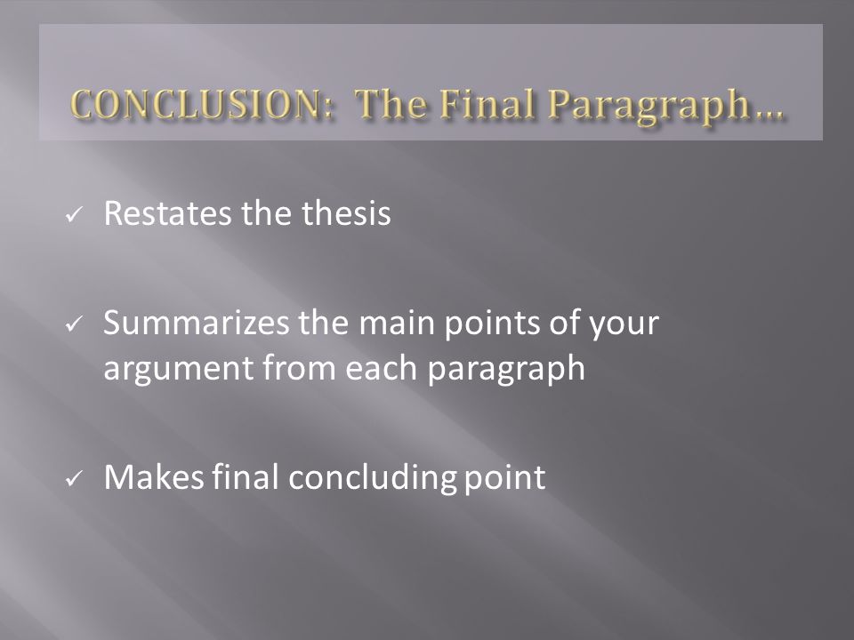 Restates the thesis Summarizes the main points of your argument from each paragraph Makes final concluding point