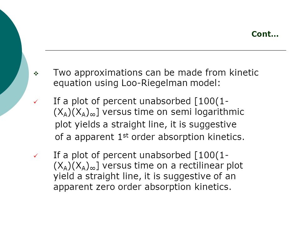  Two approximations can be made from kinetic equation using Loo-Riegelman model: If a plot of percent unabsorbed [100(1- (X A )(X A ) ∞ ] versus time on semi logarithmic plot yields a straight line, it is suggestive of a apparent 1 st order absorption kinetics.