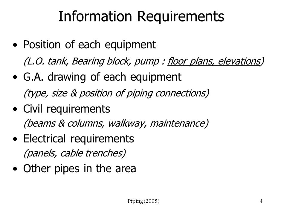 Piping (2005)4 Information Requirements Position of each equipment (L.O.