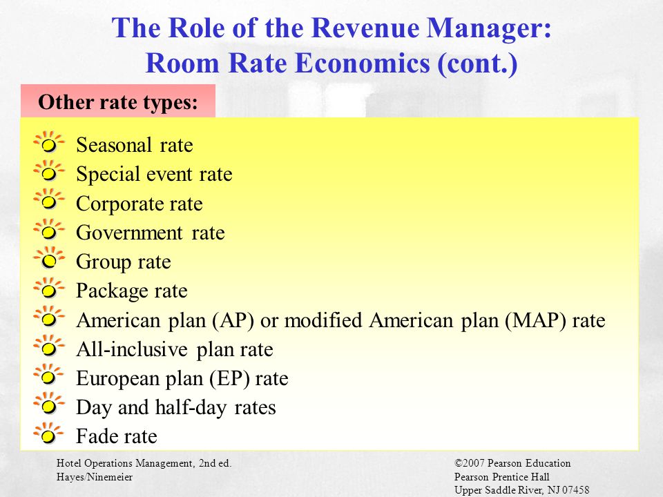 Hotel Operations Management, 2nd ed.©2007 Pearson Education Hayes/NinemeierPearson Prentice Hall Upper Saddle River, NJ Other rate types: Seasonal rate Special event rate Corporate rate Government rate Group rate Package rate American plan (AP) or modified American plan (MAP) rate All-inclusive plan rate European plan (EP) rate Day and half-day rates Fade rate The Role of the Revenue Manager: Room Rate Economics (cont.)