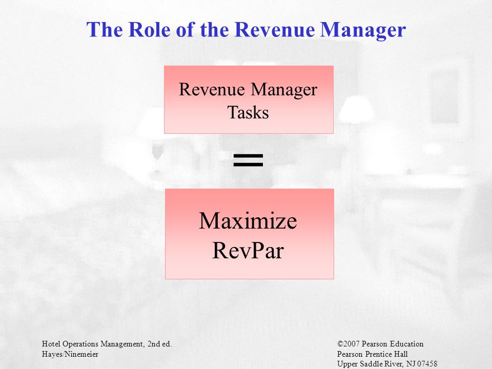 Hotel Operations Management, 2nd ed.©2007 Pearson Education Hayes/NinemeierPearson Prentice Hall Upper Saddle River, NJ The Role of the Revenue Manager = Revenue Manager Tasks Maximize RevPar