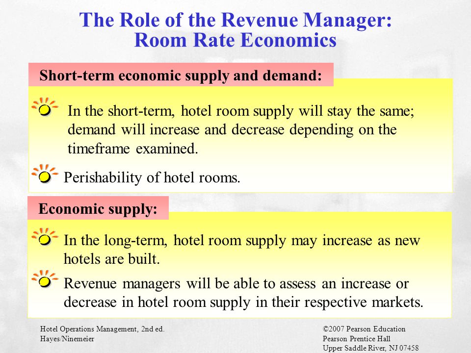 Hotel Operations Management, 2nd ed.©2007 Pearson Education Hayes/NinemeierPearson Prentice Hall Upper Saddle River, NJ In the short-term, hotel room supply will stay the same; demand will increase and decrease depending on the timeframe examined.
