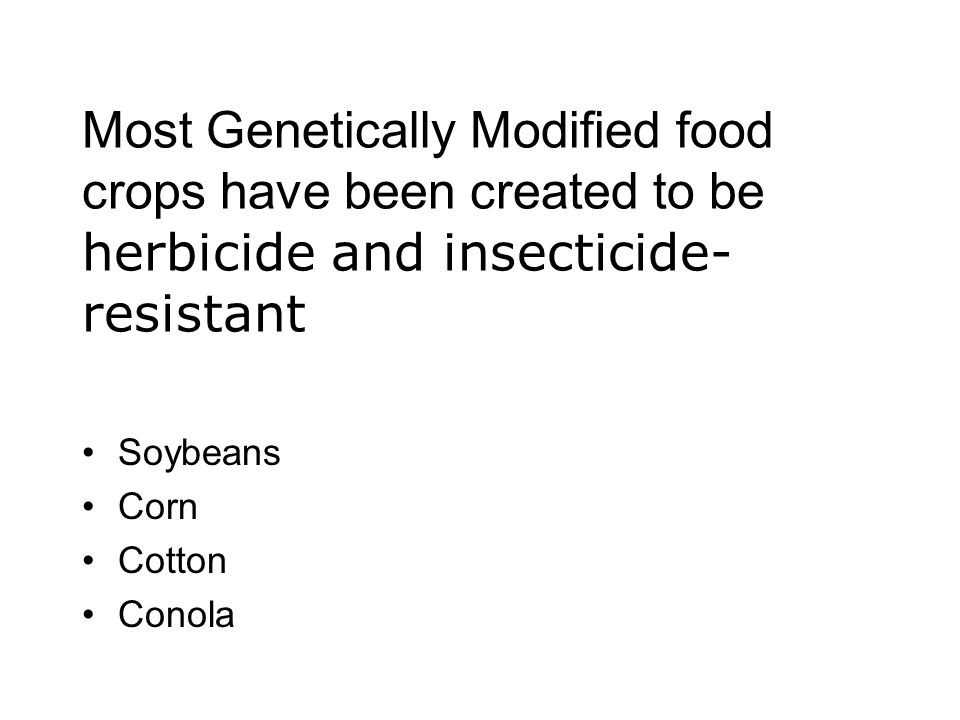 Most Genetically Modified food crops have been created to be herbicide and insecticide- resistant Soybeans Corn Cotton Conola