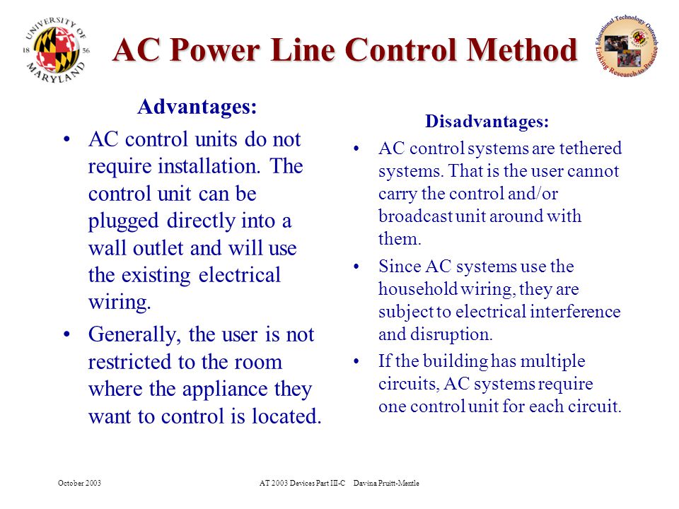 October 2003AT 2003 Devices Part III-C Davina Pruitt-Mentle 14 AC Power Line Control Method Advantages: AC control units do not require installation.