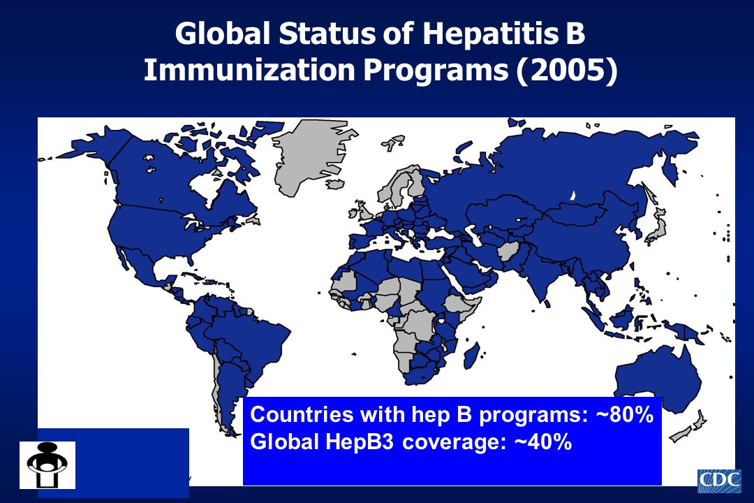 Global Status of Hepatitis B Immunization Programs (2005) Countries with hep B programs: ~80% Global HepB3 coverage: ~40%