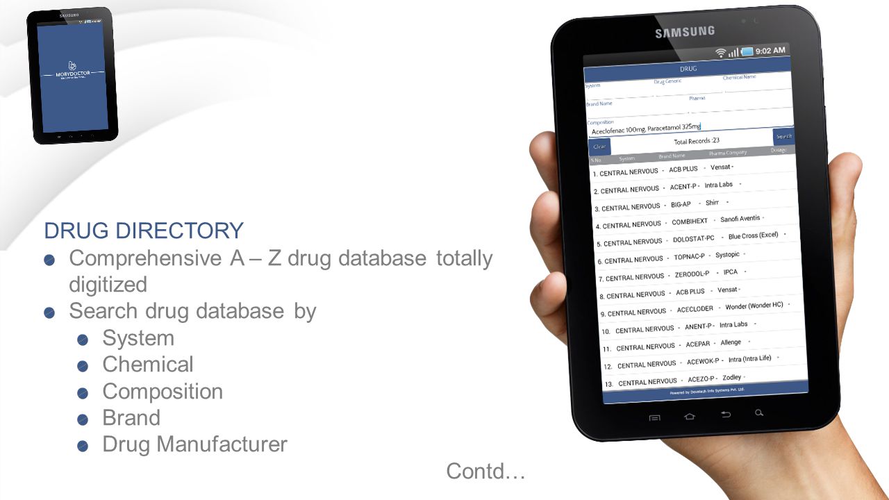 DRUG DIRECTORY Comprehensive A – Z drug database totally digitized Search drug database by System Chemical Composition Brand Drug Manufacturer Contd…