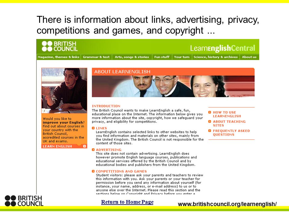 There is information about links, advertising, privacy, competitions and games, and copyright...