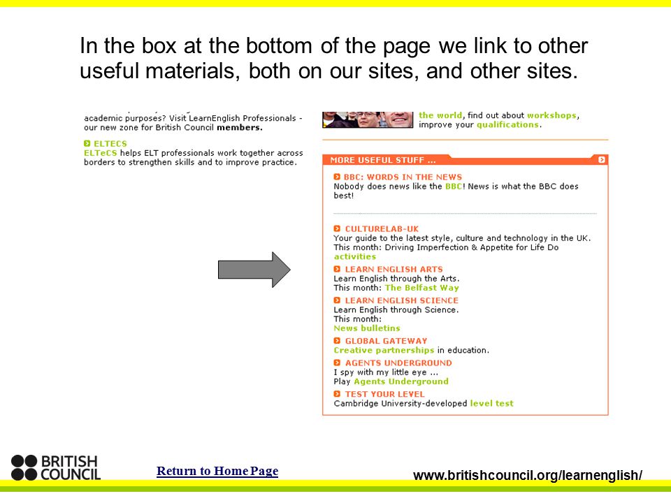 In the box at the bottom of the page we link to other useful materials, both on our sites, and other sites.