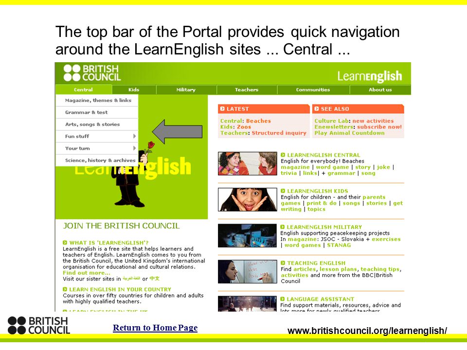 The top bar of the Portal provides quick navigation around the LearnEnglish sites...
