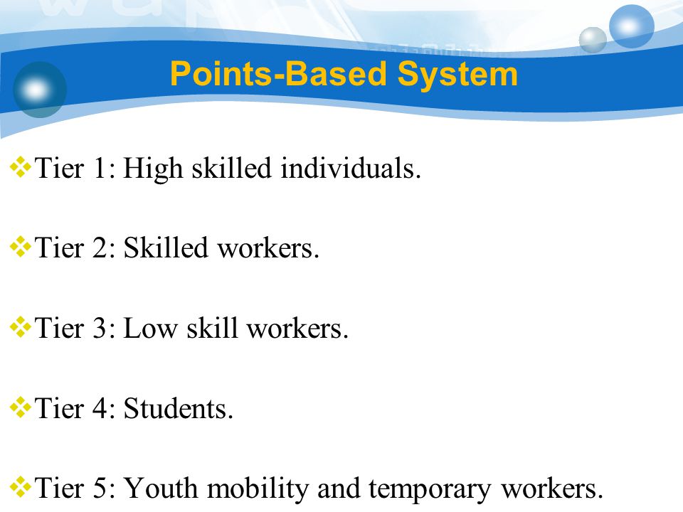 Points-Based System  Tier 1: High skilled individuals.