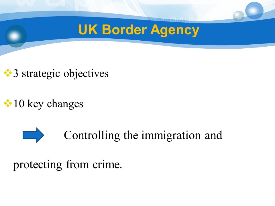 UK Border Agency  3 strategic objectives  10 key changes Controlling the immigration and protecting from crime.