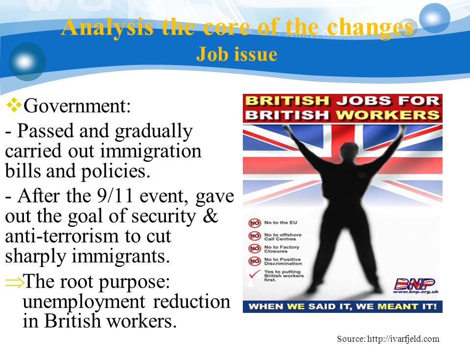 Analysis the core of the changes Job issue  Government: - Passed and gradually carried out immigration bills and policies.