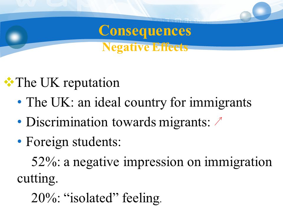 Consequences Negative Effects  The UK reputation The UK: an ideal country for immigrants Discrimination towards migrants: Foreign students: 52%: a negative impression on immigration cutting.