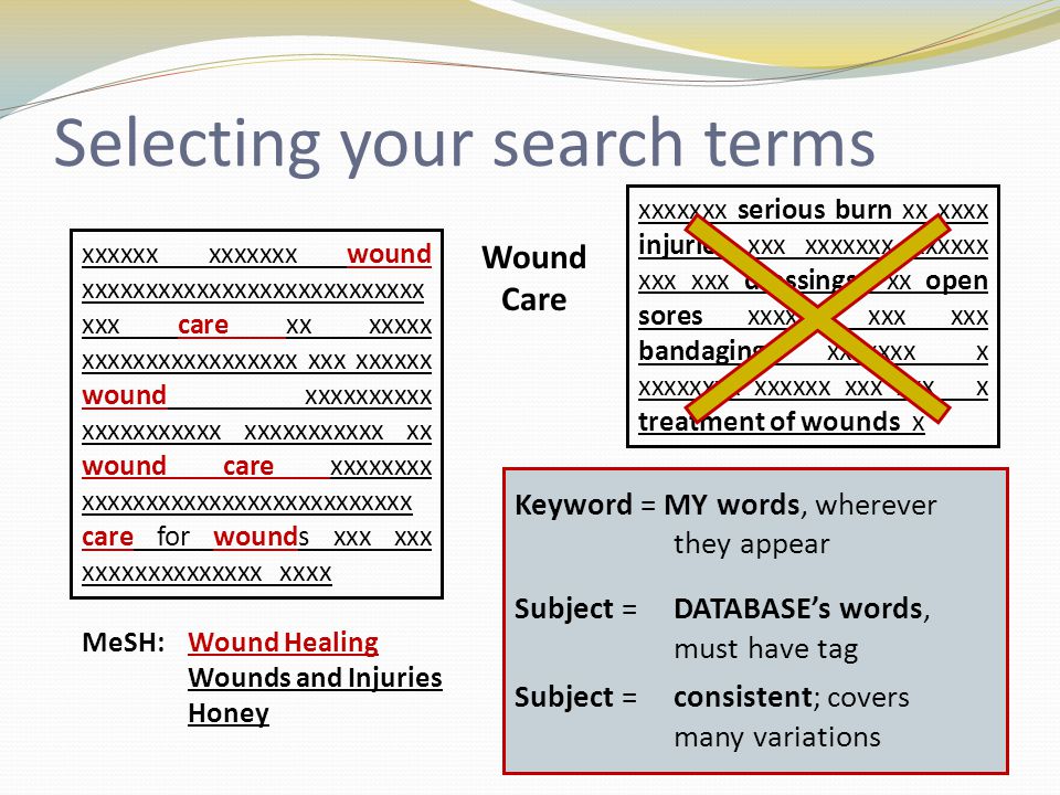 Selecting your search terms Wound Care xxxxxx xxxxxxx wound xxxxxxxxxxxxxxxxxxxxxxxxxxx xxx care xx xxxxx xxxxxxxxxxxxxxxxx xxx xxxxxx wound xxxxxxxxxx xxxxxxxxxxx xxxxxxxxxxx xx wound care xxxxxxxx xxxxxxxxxxxxxxxxxxxxxxxxxx care for wounds xxx xxx xxxxxxxxxxxxxx xxxx xxxxxxx serious burn xx xxxx injuries xxx xxxxxxx xxxxxx xxx xxx dressings xx open sores xxxxxx xxx xxx bandaging xxxxxxx x xxxxxxxx xxxxxx xxx xxx x treatment of wounds x MeSH:Wound Healing Wounds and Injuries Honey Keyword = MY words, wherever they appear Subject = DATABASE’s words, must have tag Subject = consistent; covers many variations