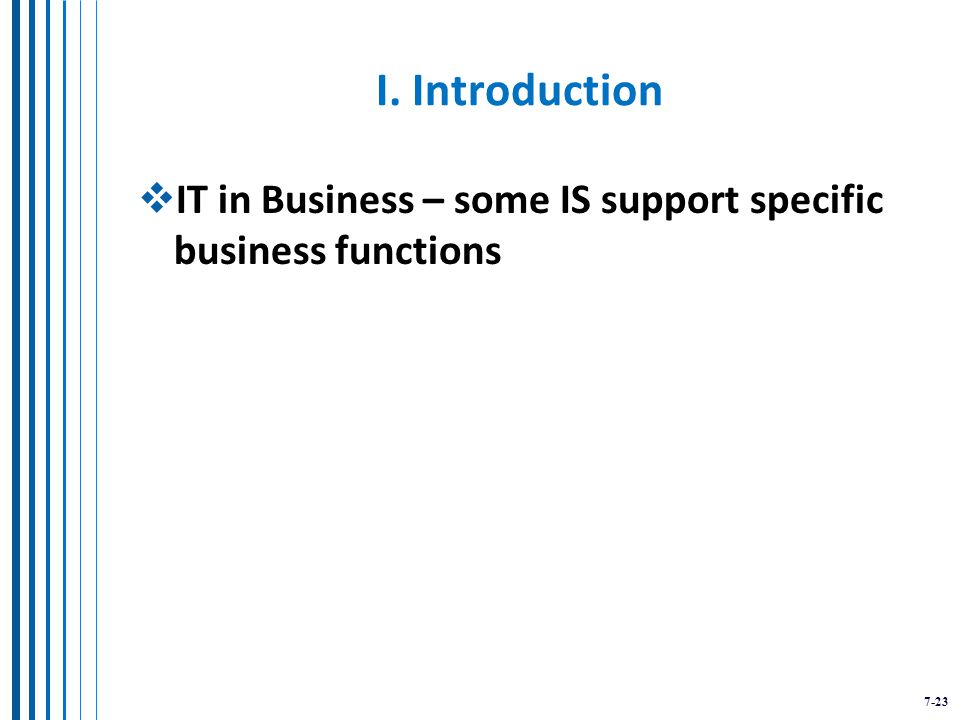7-23 I. Introduction  IT in Business – some IS support specific business functions