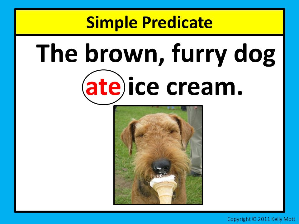 Simple Predicate The brown, furry dog ate ice cream. Copyright © 2011 Kelly Mott