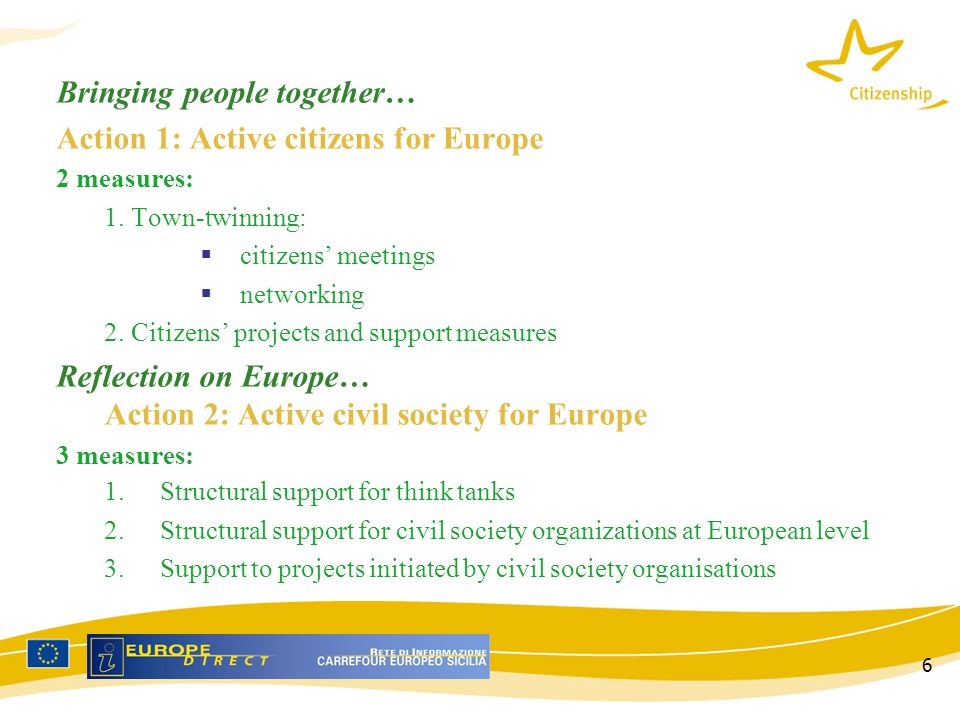 6 Bringing people together… Action 1: Active citizens for Europe 2 measures: 1.