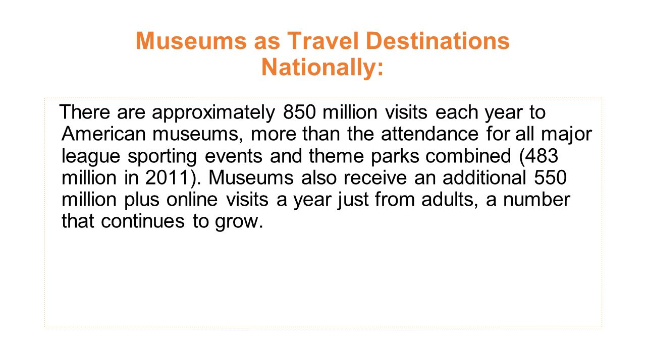 Museums as Travel Destinations Nationally: There are approximately 850 million visits each year to American museums, more than the attendance for all major league sporting events and theme parks combined (483 million in 2011).