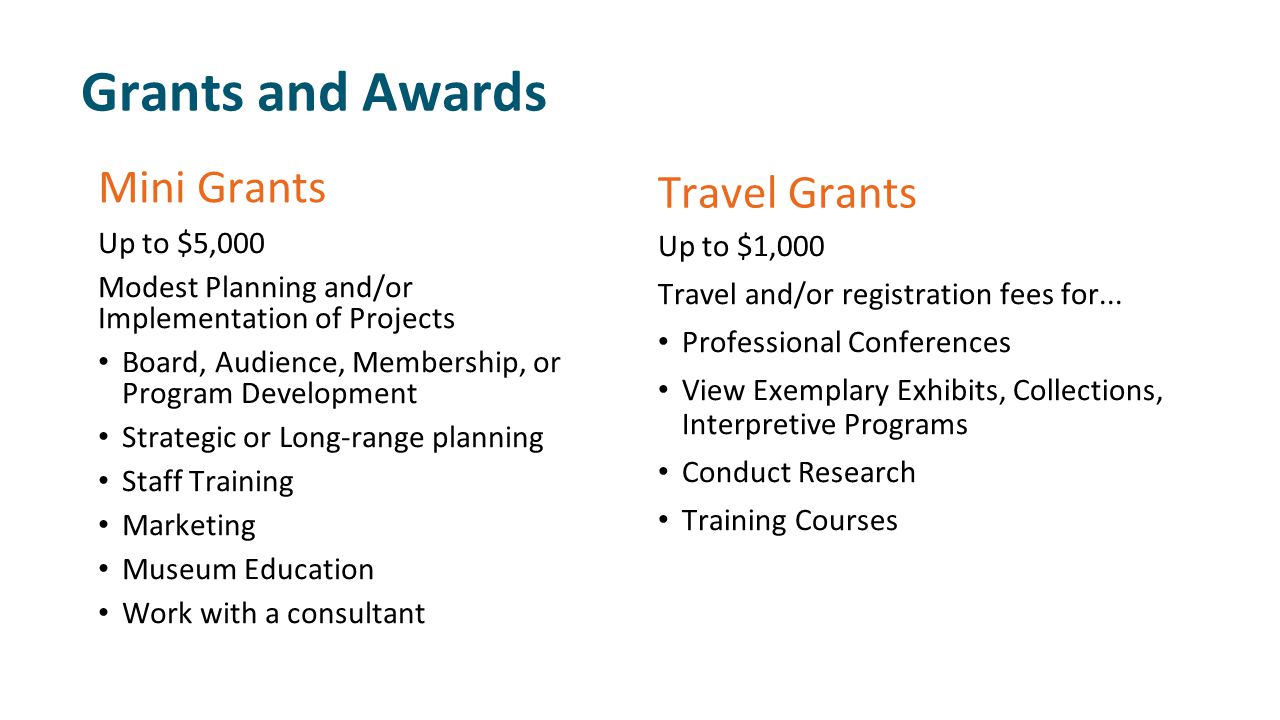 Grants and Awards Mini Grants Up to $5,000 Modest Planning and/or Implementation of Projects Board, Audience, Membership, or Program Development Strategic or Long-range planning Staff Training Marketing Museum Education Work with a consultant Travel Grants Up to $1,000 Travel and/or registration fees for...