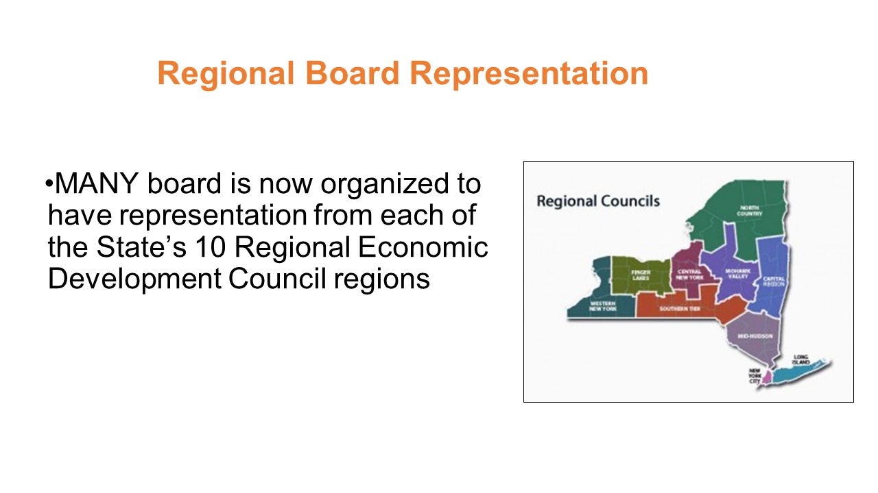 Regional Board Representation MANY board is now organized to have representation from each of the State’s 10 Regional Economic Development Council regions