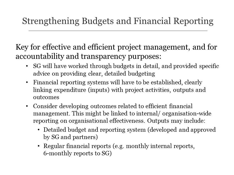 Key for effective and efficient project management, and for accountability and transparency purposes: SG will have worked through budgets in detail, and provided specific advice on providing clear, detailed budgeting Financial reporting systems will have to be established, clearly linking expenditure (inputs) with project activities, outputs and outcomes Consider developing outcomes related to efficient financial management.
