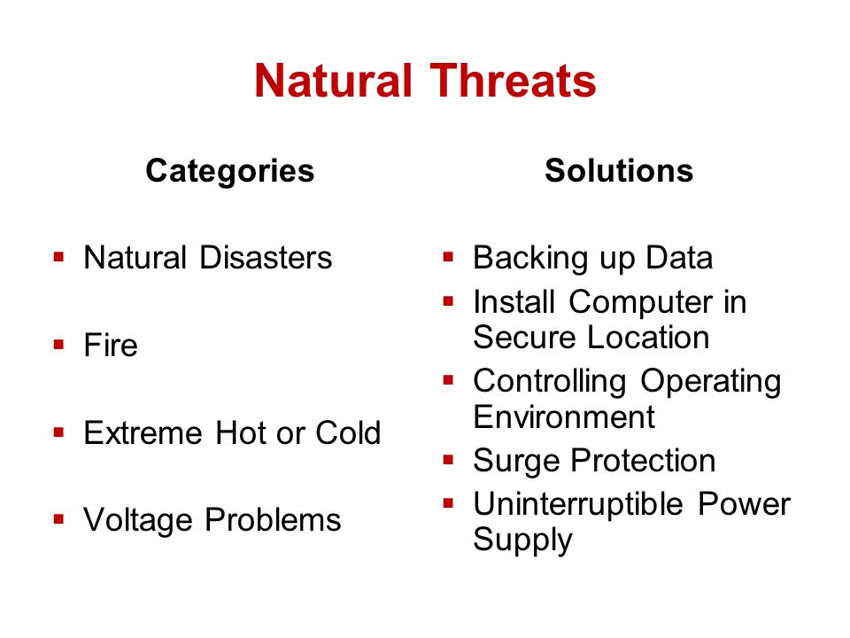 Natural Threats Categories  Natural Disasters  Fire  Extreme Hot or Cold  Voltage Problems Solutions  Backing up Data  Install Computer in Secure Location  Controlling Operating Environment  Surge Protection  Uninterruptible Power Supply