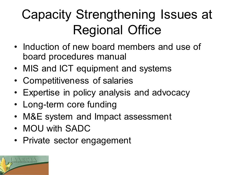 Capacity Strengthening Issues at Regional Office Induction of new board members and use of board procedures manual MIS and ICT equipment and systems Competitiveness of salaries Expertise in policy analysis and advocacy Long-term core funding M&E system and Impact assessment MOU with SADC Private sector engagement