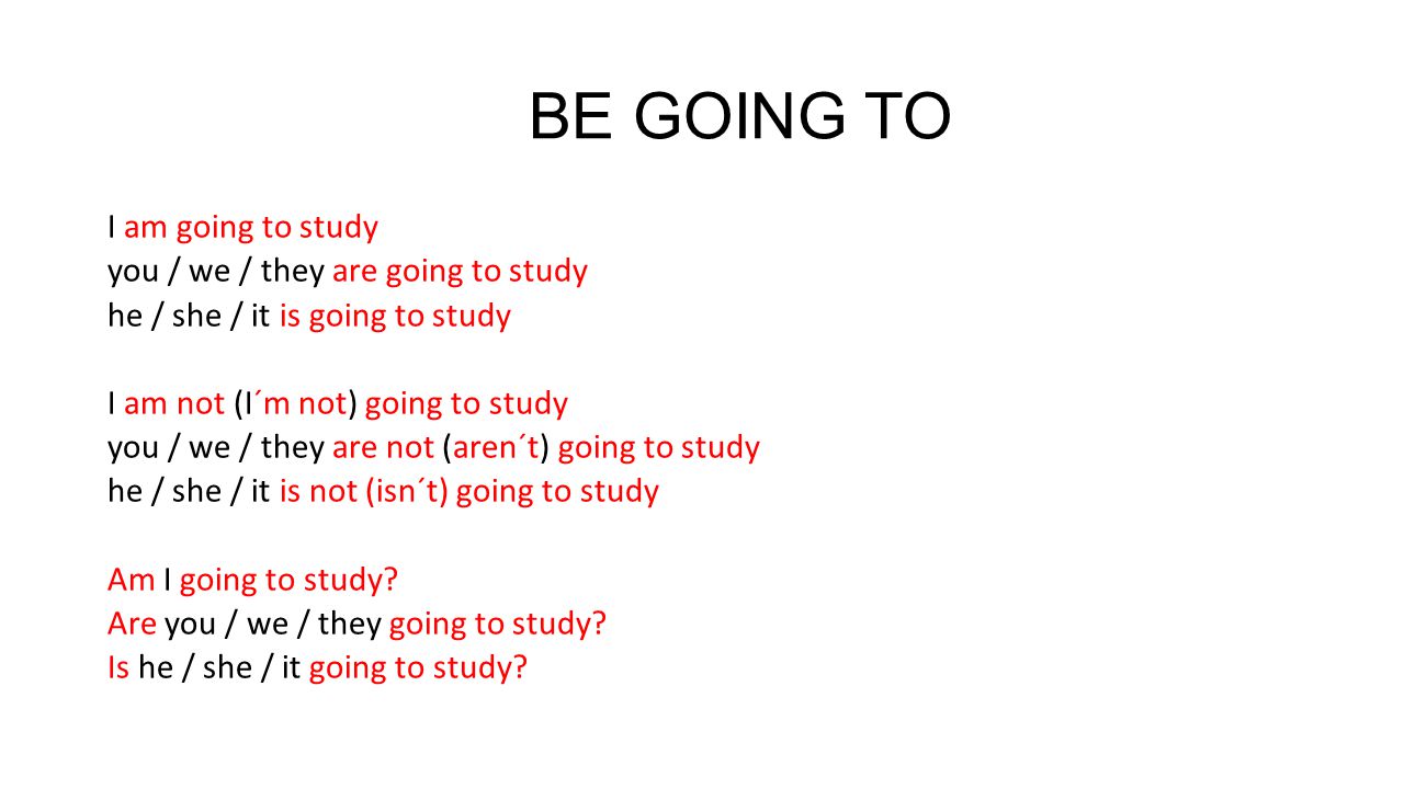 BE GOING TO I am going to study you / we / they are going to study he / she / it is going to study I am not (I´m not) going to study you / we / they are not (aren´t) going to study he / she / it is not (isn´t) going to study Am I going to study.