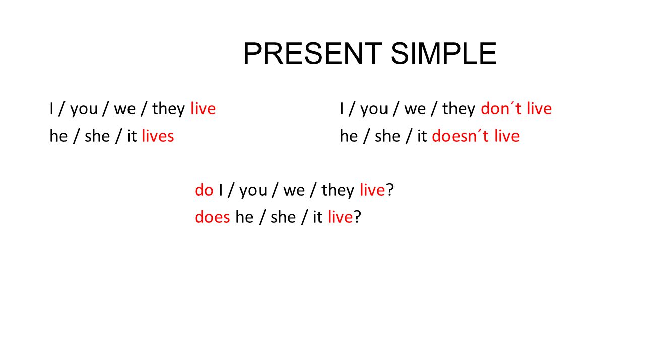 PRESENT SIMPLE I / you / we / they liveI / you / we / they don´t live he / she / it liveshe / she / it doesn´t live do I / you / we / they live.