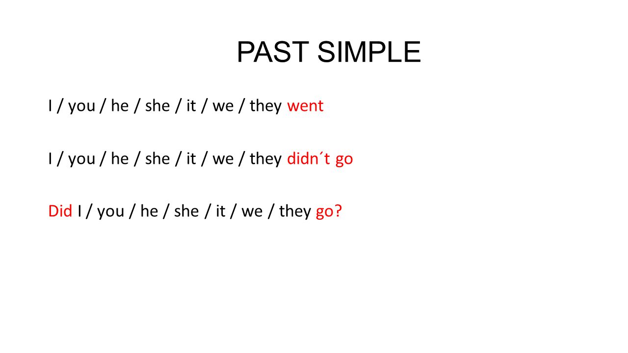 PAST SIMPLE I / you / he / she / it / we / they went I / you / he / she / it / we / they didn´t go Did I / you / he / she / it / we / they go