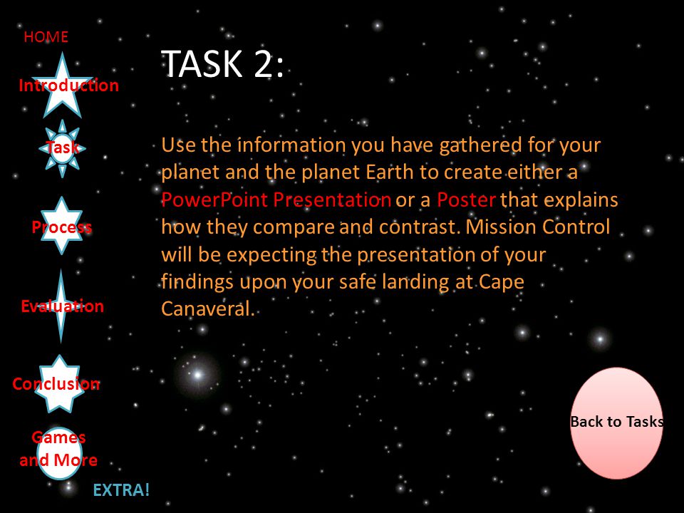Task Introduction Process Evaluation Conclusion TASK 2: Use the information you have gathered for your planet and the planet Earth to create either a PowerPoint Presentation or a Poster that explains how they compare and contrast.