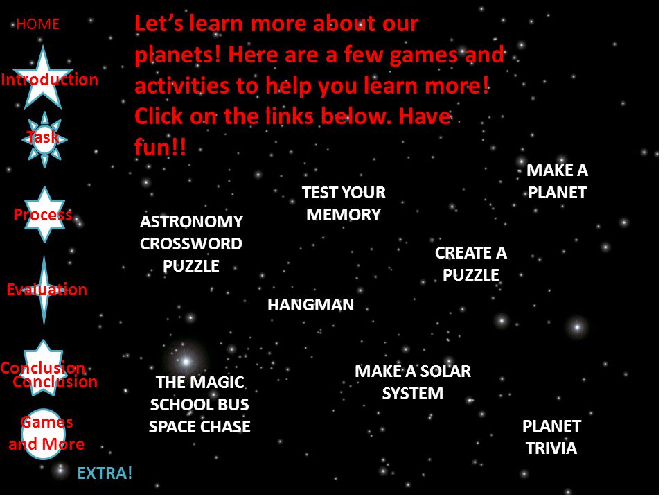 ASTRONOMY CROSSWORD PUZZLE HANGMAN TEST YOUR MEMORY CREATE A PUZZLE MAKE A PLANET MAKE A SOLAR SYSTEM Let’s learn more about our planets.