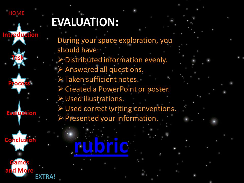 Task Introduction Process Evaluation Conclusion HOME Distinguished Proficient Apprentice Novice Evaluation Areas EVALUATION: During your space exploration, you should have:  Distributed information evenly.