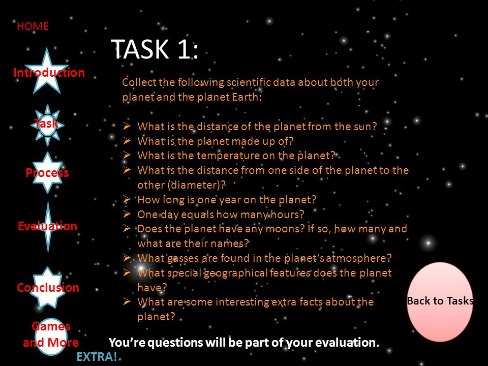 Task Introduction Process Evaluation Conclusion TASK 1: Collect the following scientific data about both your planet and the planet Earth:  What is the distance of the planet from the sun.