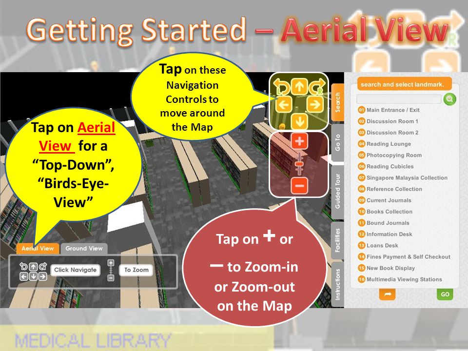 Tap on Aerial View for a Top-Down , Birds-Eye- View Tap on these Navigation Controls to move around the Map Tap on + or – to Zoom-in or Zoom-out on the Map