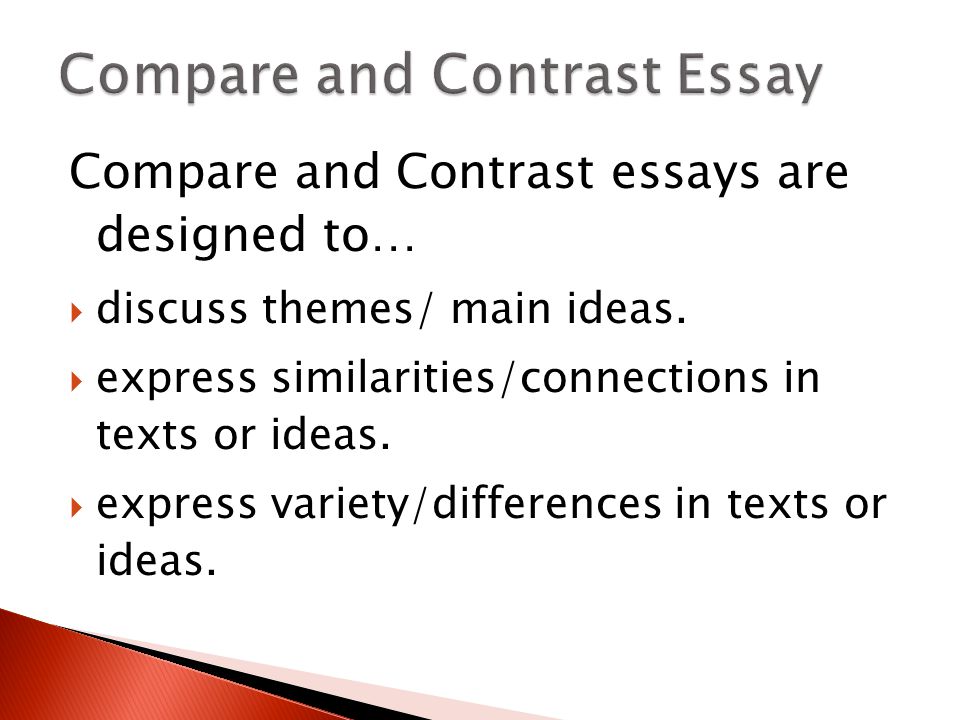 Compare and Contrast essays are designed to…  discuss themes/ main ideas.