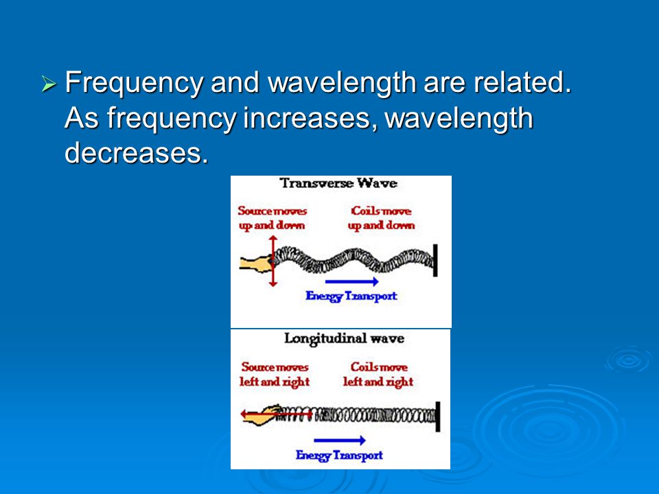  Frequency and wavelength are related. As frequency increases, wavelength decreases.