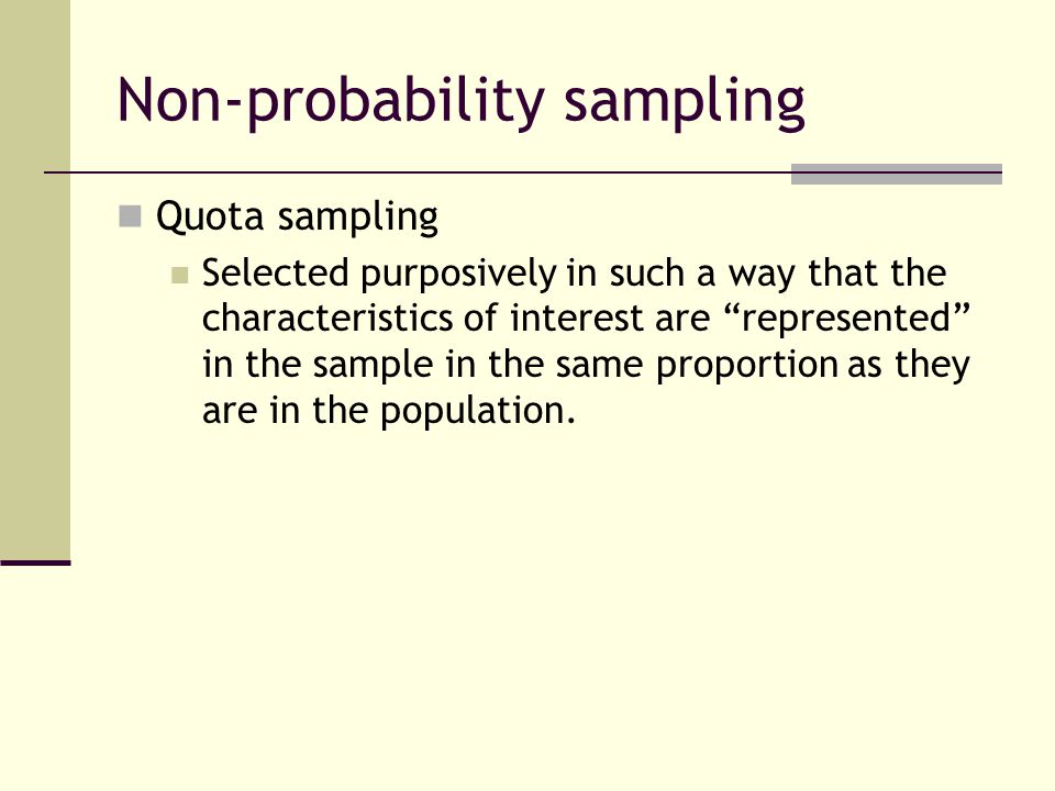 Non-probability sampling Quota sampling Selected purposively in such a way that the characteristics of interest are represented in the sample in the same proportion as they are in the population.