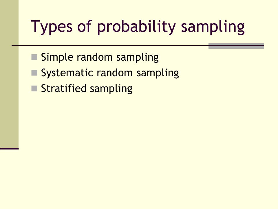 Types of probability sampling Simple random sampling Systematic random sampling Stratified sampling